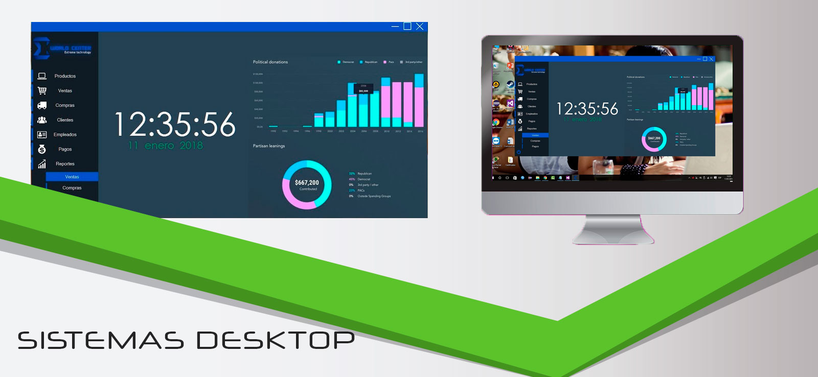 Sistema desktop de gestión con módulos de productos, ventas, compras, clientes, empleados, pagos y reportes
